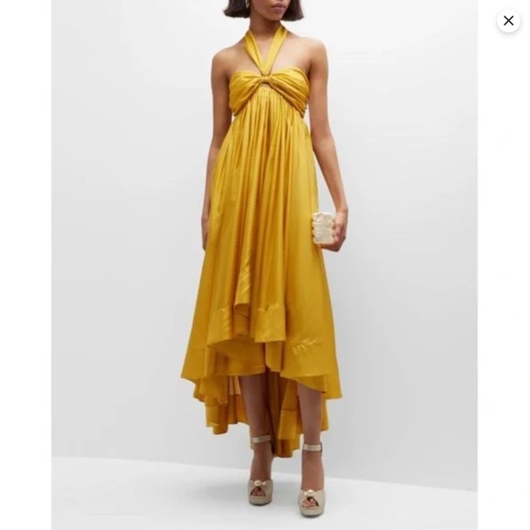 Zimmermann Devi Silk Halter Hi-Low Maxi Dress in Mustard Yellow AU 1 US 4-6 FLAW - Picture 2 of 13